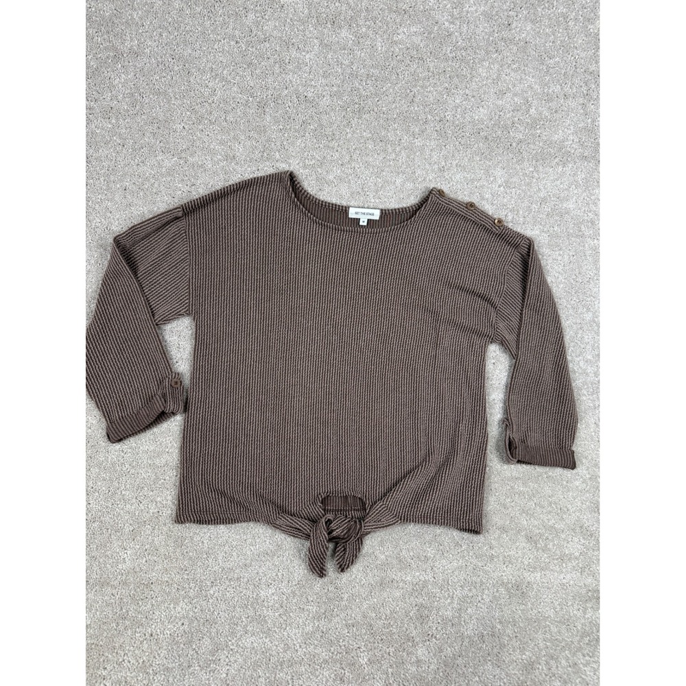 Set The Stage Top M Brown Ribbed Tie Front Button Shoulder Long Sleeve 3130AVG